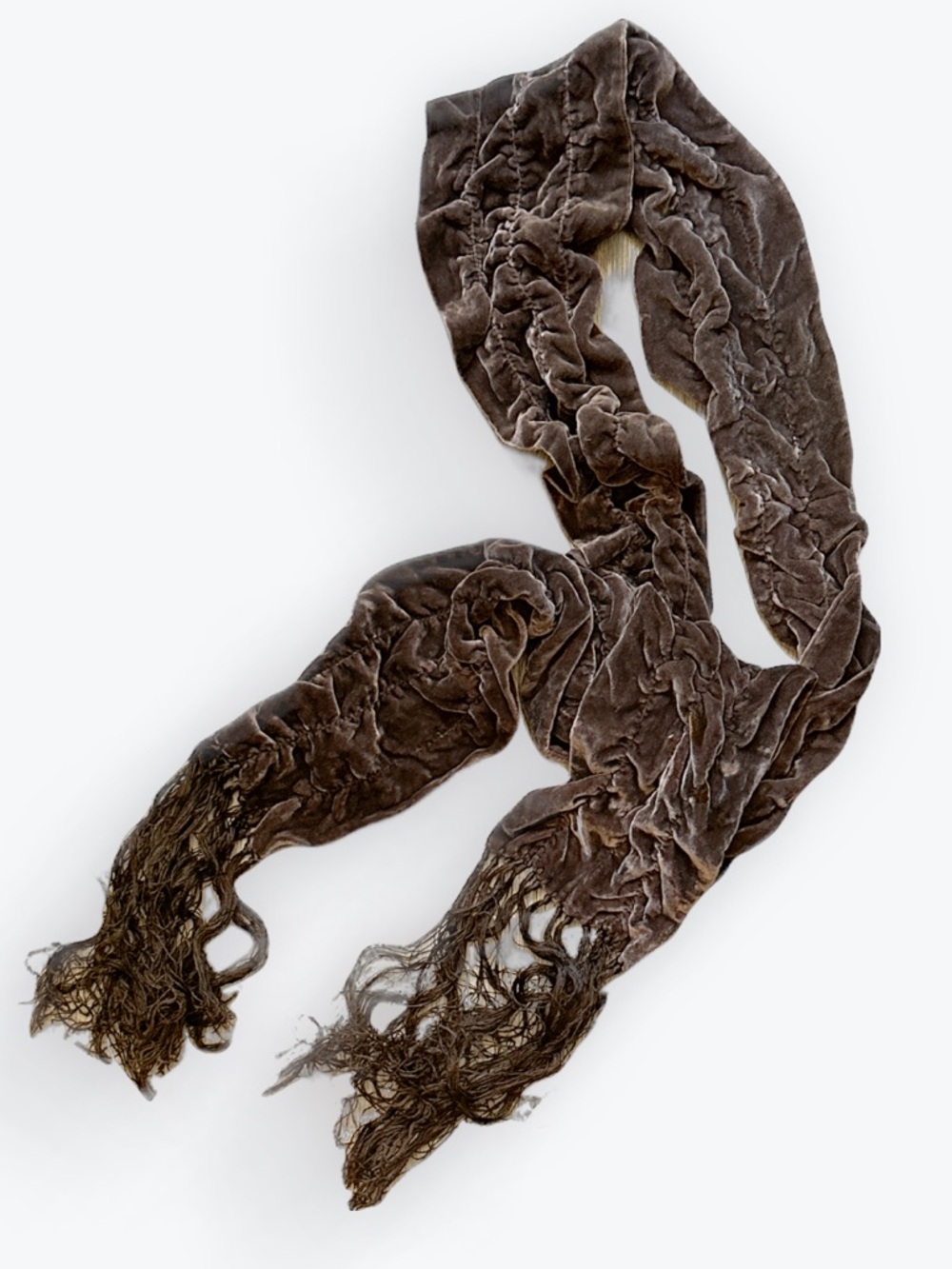Dark Academia Moody 90s Grunge Chocolate Velvet Ruched Fringed Long Thin Scarf